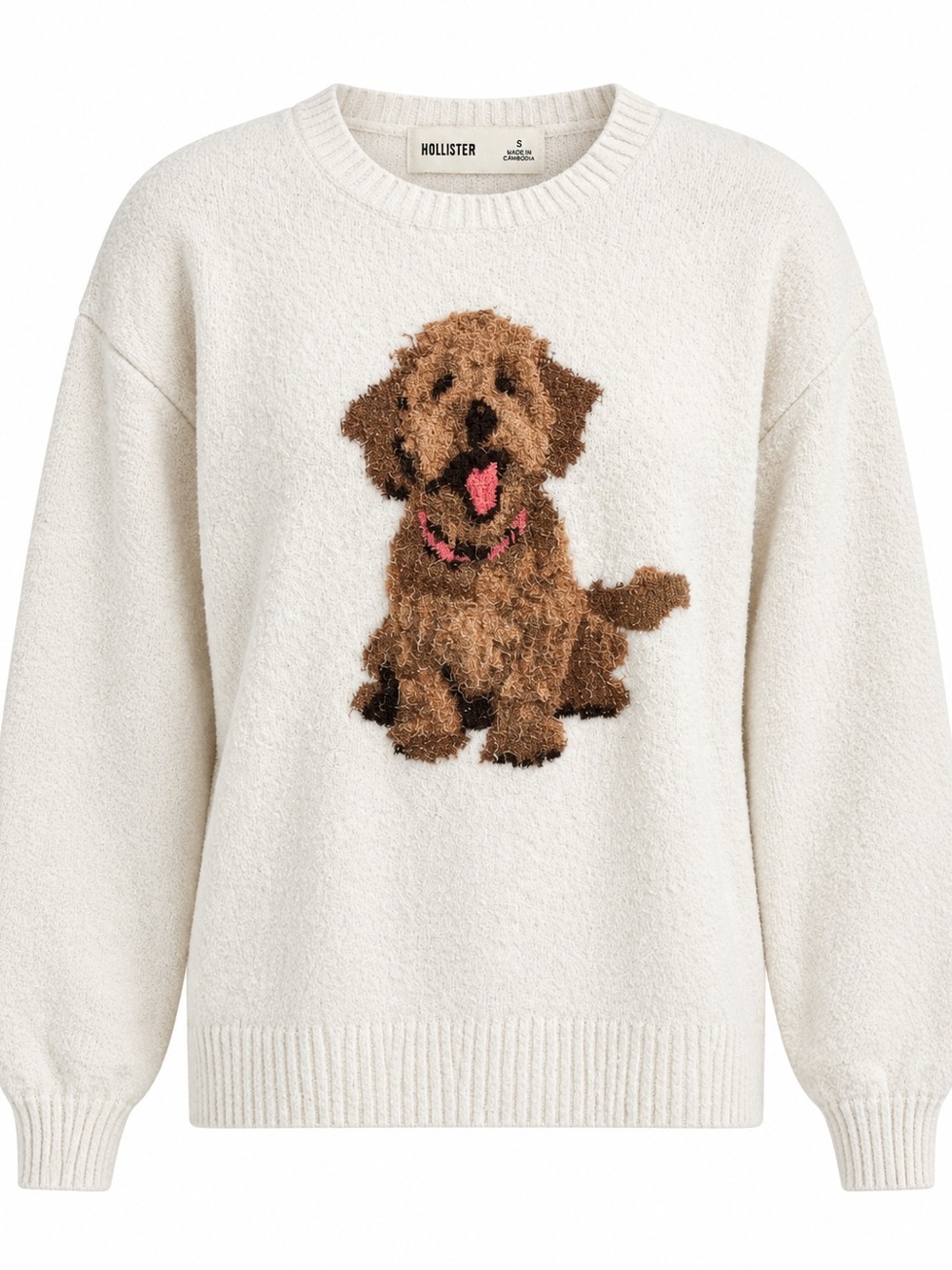 Hollister Women’s Cream Dog Graphic Fuzzy Knit Sweater Size Small - Picture 2 of 5